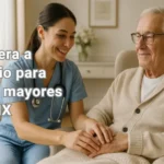 Enfermera profesional atendiendo con calidez a un adulto mayor en su casa en la Ciudad de México