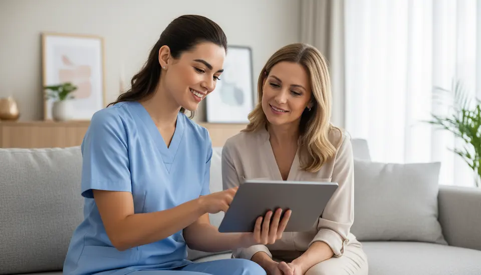 Asesoría profesional para solicitar enfermera a domicilio en CDMX, mostrando confianza y acompañamiento familiar.