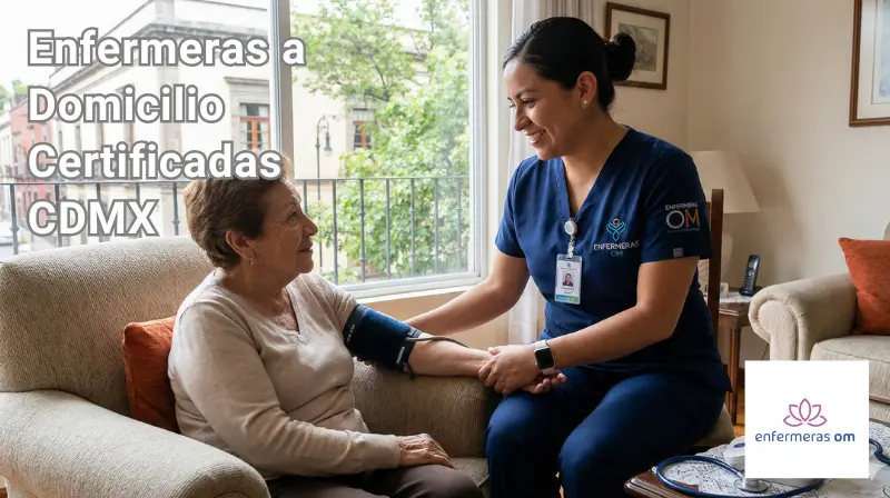 Enfermera a domicilio certificada CDMX tomando la presión a un paciente adulto mayor en la sala de su casa con una sonrisa empática.